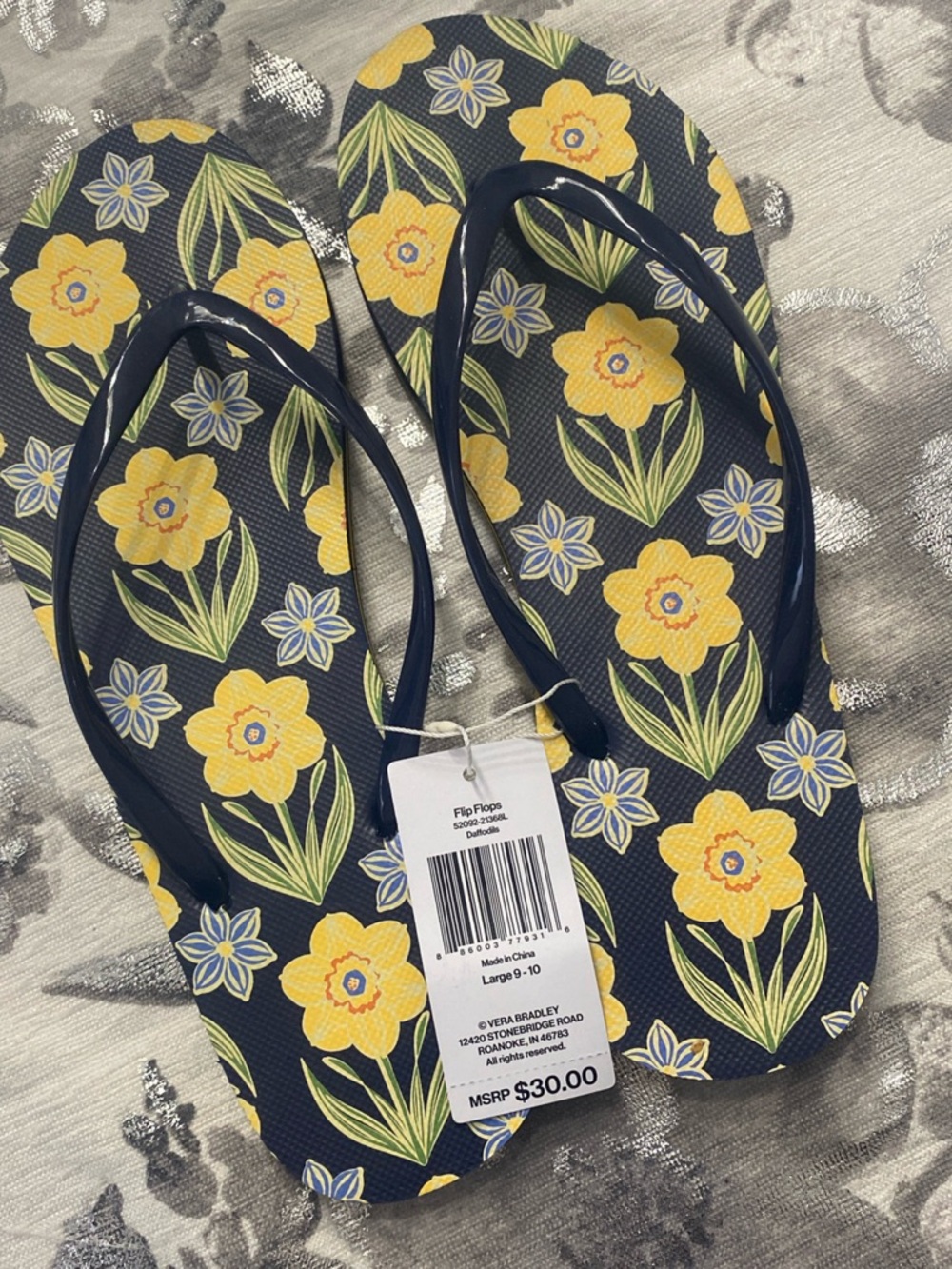 Vera Bradley Navy Flip Flops with Yellow Floral Print L 9-10